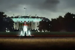 a alien craft that has landed on the white house lawn :: made of shiny obsidian glass :: reflective, glassy :: subtractive lighting, backlit :: by John William Waterhouse, Greg Rutkowski, HR Giger :: hyperrealistic, hyper detailed, photorealistic :: epic, incredible composition, amazing depth, meticulously composed, 16k resolution concept art :: fantasy magazine cover art