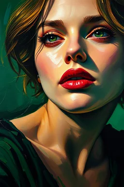 Vibrant oil painting. Close up portrait. Beautiful woman in dark green. Low angle shot. Brushstrokes of fauvist expressionism. Swirling colors of dark green velvet. Golden light dancing on her skin. Warm, whimsical colors. Best quality, 8k resolution, incredibly detailed, oil on canvas, Monet's impressionism, subtle symbolism, vivid and captivating, reminiscent of Renoir portraits, lavish textures.