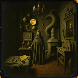 Daguerrotype, mysterious figure, odd background, Hieronymus Bosch, room, Max Ernst, Yves Tanguy, ambient light, by Minicavio Quollati and Marlost Endgulp, exoteric, mystic, Amano, Arcimboldo, Hieronymus Bosch, Alphonse Mucha