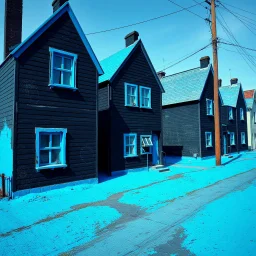 Fotografia di strada assurda e falsa orripilante blu weirdcore dai colori vivaci. Noe. Non luogo falso, inusuale. Max Ernst. Le case sono false e dipinte di nero chiaro con cose stilizzate e dettagli. Ci sono finestrelle false quadrate, che danno un senso distopico e molto surreale, disposte in modo casuale. L'atmosfera generale sembra noiosa e onirica, con un contrasto tra elementi reali ed elementi dipinti falsi, René Magritte