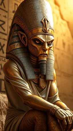 , golden ,Anubis, Egyptian god, angry, multiple textures, detailed clothing, hieroglyphs, contrasting light, sitting by an alien with the same