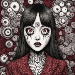 woman with 4 eyes, Junji Ito style, darkred tones,