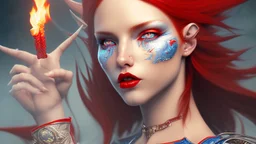 {devil elf} with {red} hair and with cute face, {fire}, blue eyes, skimpy leather clothes, stiletto heels, perfect composition, hyperrealistic, super detailed, 8k, high quality, trending art, trending on artstation, sharp focus, studio photo, intricate details, highly detailed, wide borders