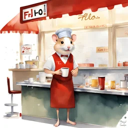 anthropomorphic hamster barista with text "FLO" nametag wearing a red apron and do-rag working behind a counter of a 50's diner serving coffee to old man, artistic, nostalgic, by Pascal Campion and Norman Rockwell, dramatic, impressionist painting, watercolor with loose brush strokes, speedpaint,, splash art, dynamic