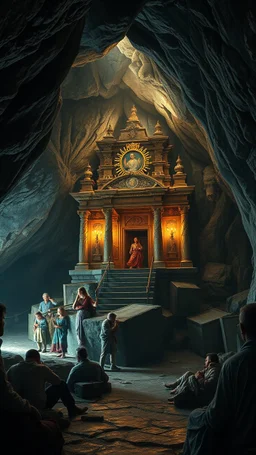 Bosch painting style , An amazing temple with a great religious status all around in un underground cave with dim lights