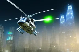 black police helicopter flys over city building searching for suspect, helicoper has white spotlight flashing to the ground, night time , unity, scriptable render pipeline , green emission, cinematic lighting.