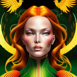 portrait of a beautiful busty Jean Grey with green eyes riding a phoenix by Sandro Botticelli style