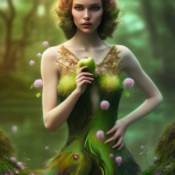 delicate hands with apple, upper body of dark celtic selda, fast walker, as a brunette young cute feminine woman, short hair, green forest background, pond, mega flowers,peacock,sun light