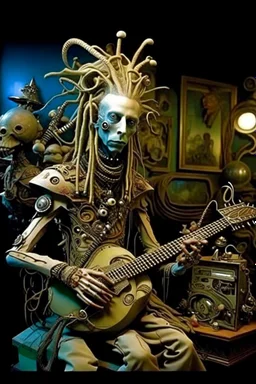 photo by tim walker : loan-blend human-alien biomorphic-animals squid indefinite head extreme wide shot head to toe portrait of weird krofft pufnstuff puppet voodoo cutie sitar player king human nervous systems, renaissance faire alex grey hyper detailed michael cheval with a playful expression made out of mechanical parts and robot arms; cyborg details, unusual and obscure photograph by františek vobecký of a surreal scene of ghastly men, pop art, clive barker style, 300mm f/.8, raw cinematic p