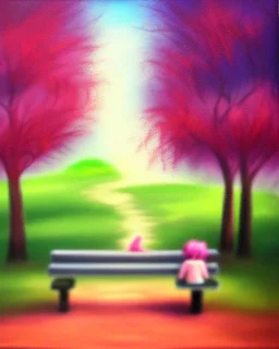 park mystical dream, park bench, man, woman, child, dog, trees, path, bird, sunshine, mystical, fantasy, romanticism, pastel colors, daylight, daytime, acrylic painting, detailed, soft focus,