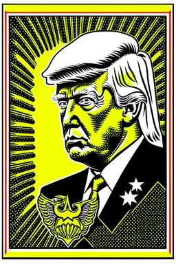 president donald trump in style of shepard fairy obama poster style gold colour stencil with american flag