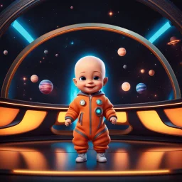 (masterpiece, best quality, 8k, RAW photo, beautiful and aesthetic:1.2), complex detail, Indirect light, photorealistic, (((full body))), Cosmic Boss Baby style smiling, bald, colorfull Sci-Fi environment