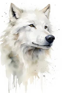 Masterpiece, best quality, watercolor painting, Dean Crouser style, portrait of a white wolf, white background with some splatters, rule of thirds