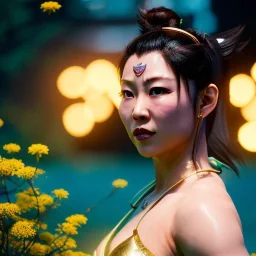 Chun-li underwater with yellow flowers for hair, closed eyes, rtx, reflection, 8k, glow, winning photography, caustics