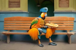 Half parrot half human in a 1700s Orange Dutch uniform siting on a bench in a Dutch city eating a loaf of bread