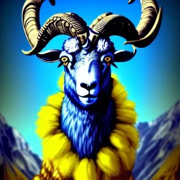 A bighorn sheep ram warrior full blue and yellow body armor with fierce and wild look, highly detailed, digital art, sharp focus, trending on art station, standing on all fours with one hoof on an american football, field of grass, background mountain peaks sunset sky of blue and yellow, design by charlie bowater, ross tran, artgerm, and makoto shinkai, detailed, colors #003594 #FFA300 #FF8200 #FFD100 throughout