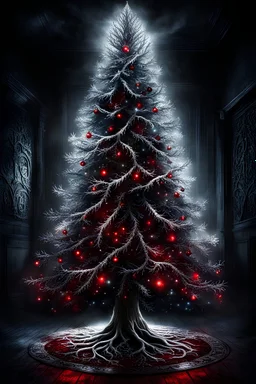 a beautiful illuminated silver and white light Christmas tree stands in a dark room, dark shadows rise from the floor and demonic red eyes glow behind the tree in the dark, scary atmosphere, little glimmering light, dark, deep colors, small details, surreal, thriller, masterpiace