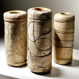 clay cylinders covered with strange etchings. small and fragile, with large cracks running down their sides
