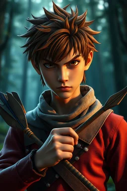 Ghibli movie. gerhart, guweiz. portrait of a fierce handsomeboy holding an arrow, hunter, forest background, fantasy, ghibli. using natural light to highlight weathered textures. with a forest background. with an emphasis on expression and mood.