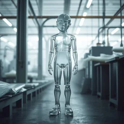 an very sad transparent glas man with legs and shoes, in a factory, nobody cares about the empty glas, that is why he is so sad :(