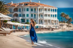 long shot, beautiful Turkish girl with nice blue eyes wearing a dress walks in shore toward camera , sharp focus all the scene, natural light, vertical composition, relaxed and natural, fresh and comfortable ,in seaside there are luxury beach hotels.