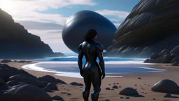 A woman in a catsuit standing on a beach of a rocky landscape with a crashed spaceship in the distance