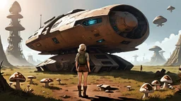 A skinny 50-year-old woman standing, hands on hips, in brown shorts, shirt, and boots, standing next to a squat cargo spaceship, sitting in a clearing, in a derelict alien town with mushrooms and fungi.