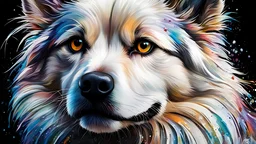 white siberian husk dog, ink painting by Jake Weidmann, vibrant palette, 32k resolution, brighter colors used to emphasize emotion, unique style by Jake Weidmann, paint splatter dynamics, high contrast, detailed skin texture, ink shading , luminous quality. black background, Miki Asai Macro photography, close-up, hyper detailed, trending on artstation, sharp focus, studio photo, intricate details, highly detailed, by greg rutkowski