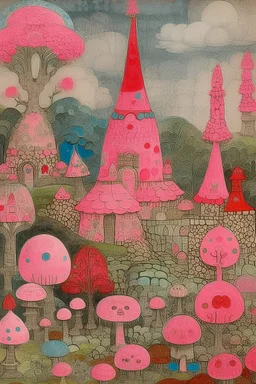 A pink fairy kingdom with magical mushrooms designed in Ica stone painted by Paul Klee