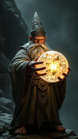 dwarven priest expert holding up a radiant Painite crystal rosette ball