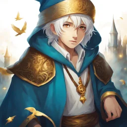 Fantasy World, A boy only wearing a closed wizards robe, and wearing a wizards hat. White Hair. Golden Eyes