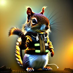 Squirrel toddler, steampunk headphone, sunglass, gangsta neckless, full body, yellow puffer jacket, tokio background, dramatic lighting, hyper realistic, unreal engine 5, 16k