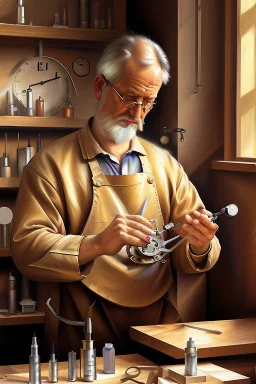 hyperrealism art of a clockmaker in their workshop, by Carlo Crivelli and Leonid Afremov