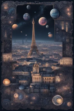 Paris and Lisbon mashup city in cyberpunk style, portuguese tile design, azulejo, dark mode, celestial, galaxy, planets, inspires wonder and awe, moody, dark, atmospheric