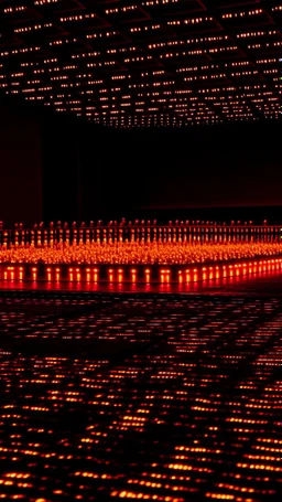 Track of oil with runners made of lights, in the background the crowd is burning, in the style of Donald judd