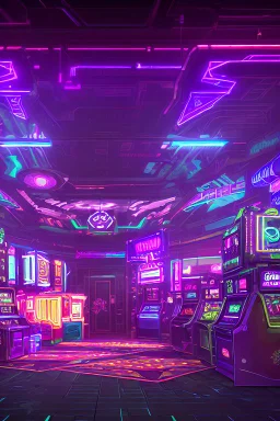 A dark photo of a full panoramic view an 80's aesthetics arcade at night, with a lot of functioning arcade machines, a vaporwave floor and some colorful tiles in between the floor. Purple aesthetics.