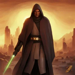 star wars bald male corellian jedi pilot wearing black and gunmetal grey old republic armored robes with gold trim, alone, battle-ready Jedi Master defending a ruined ancient city surrounded by golden light, centered head and shoulders portrait, hyperdetailed, dynamic lighting, hyperdetailed background, 8k resolution, volumetric lighting, light skin, fully symmetric details