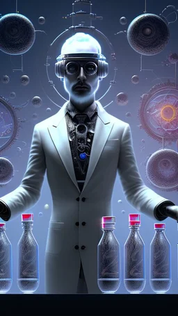 Tesla, detailed and intricate calligraphy ink painting of a "cyborg Mad Scientist" holding beakers, outer space Background cosmic fractals, dystopian, concept art, unreal engine 5, god rays, ray tracing, RTX, lumen lighting, ultra detail, volumetric lighting, 3d, finely drawn, high definition, high resolution. award-winning: professional portrait: atmospheric: commanding: fantastical: clarity: 16k: ultra quality: striking: brilliance: stunning colors: amazing depth: masterfully crafted