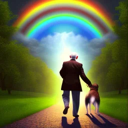 old man with glasses, with dog, walking on the rainbow bridge