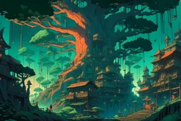 retro anime style, full color, dark serious 1980s anime style, a elf city in a giant tree, no humans, no people