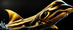 ultra high image quality, Close-up of a shark bat squid god resembling liquid gold, fins rippling like molten metal, set against AMOLED-worthy pure black backdrop, fantasy art style infused with a golden filter, tailored for vertical wallpaper, exclusive design with no duplicates, radiating beauty suitable for a PC screen image, vivid colors, ultra fine, digital painting.