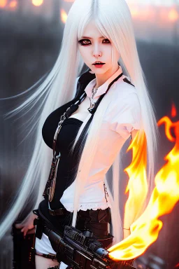 close-up gothic anime girl, white hair, tight outfit with gun on thigh, standing on a train track, smoke and fire surroundings, she is dull and dark, looks determined , train approaching behind her,