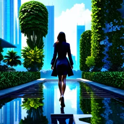 Highly detailed and intricate 3D fractal recursive art, featuring a single young woman/girl wearing fashionable modern clothing, walking directly towards the camera through a lush, futuristic villa garden. The garden is part of a larger technologically-advanced city, with towering skyscrapers and floating vehicles visible in the background. The garden itself is a verdant oasis, with exotic flora, flowing water features, and a seamless integration of natural and artificial elements. Holographic