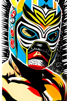 art comic, luchador, mask, frontal, high contrast, white background, black border, bright colors, detailed, 8k