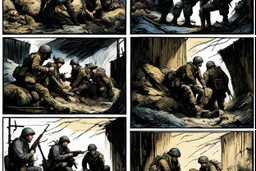 Masterpiece1:5)(Fineart), (award-winning:1.5), highest quality, war journalism editorial ,(by Tim Page, Hoorst Faas:1.5)),(Eastern Ukraine:(panel one:the moment after a battle ends, horrors of war, wounded men),(2nd panel, cinematic shot of men sitting in trench with 1000 yard stare (focus on their eyes:1.5)),(the third panel shows troops tired but hyper alert), (the fourth panel shows the sky is filled with incessant, fire and smoke everywhere,)