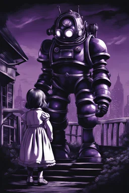 masterpiece, best quality, Big Daddy and little sister from Bioshock, in the style of Bioshock, simple 1960 background, in the style of Hiroyuki Takei, duotone only purple and white, professional quality drawing, ultra detailed, only pencils, ultra detailed manga drawing, professional lighting, manga japanese comic style, 2 tone purple and white, duotone only purple and white