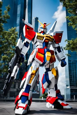 Full body Photography A picture cyber mechines Gundam,with surface coated chrome polished details, city background