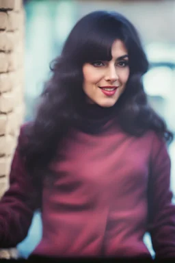 a woman standing in front of a brick wall, home video footage, persian rug, may 6 8, black bangs, waldo in the top right of frame, in a village street, of an beautiful girl, photo still of behind view, 1 female, old footage