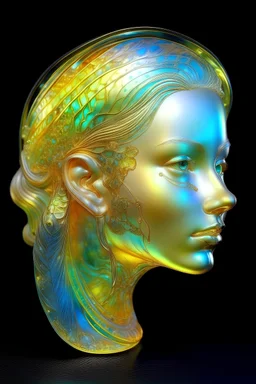 An extremely delicate iridescent exotic slightly smiling female's head made of transparent glass, translucent, tiny golden accents, beautifully and intricately detailed, ethereal glow, whimsical, art by Mschiffer, best quality, glass art, magical holographic glow