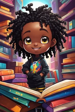 A sassy futurism ABSTRACT colorful art cartoon black chibi BOY LOOKING DOWN, surrounded by colorful BOOKS. Looking up coyly, she grins widely, showing her Teeth. Highly detailed black shiny dread locs , regal expression.